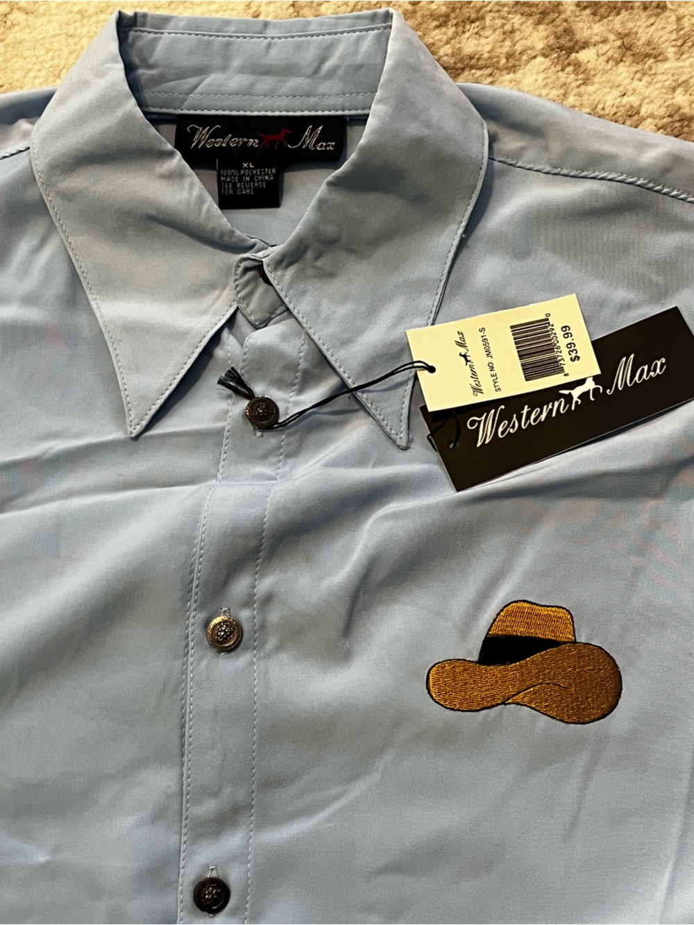 Western Max Mens XL Light Blue Cowboy Hat Embroidered Western Shirt NWT JM0591-S